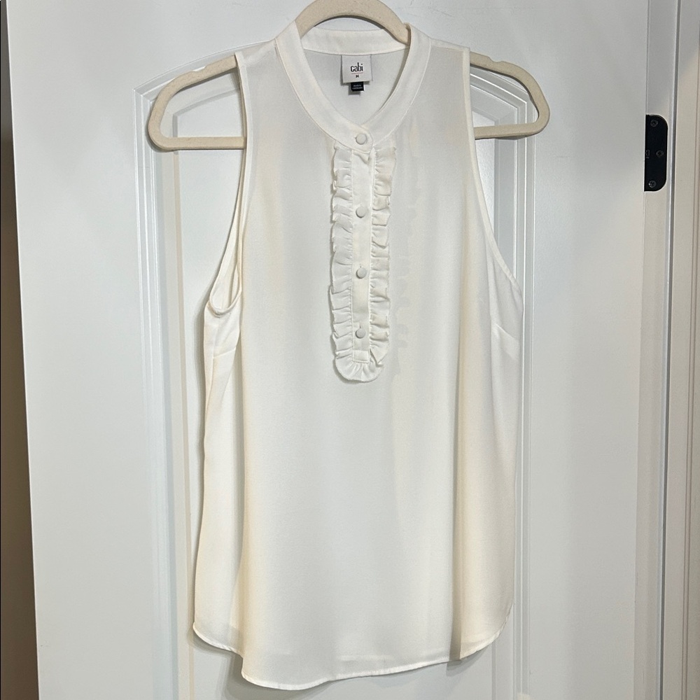 CAbi Women's White Sleeveless Frill Top Blouse